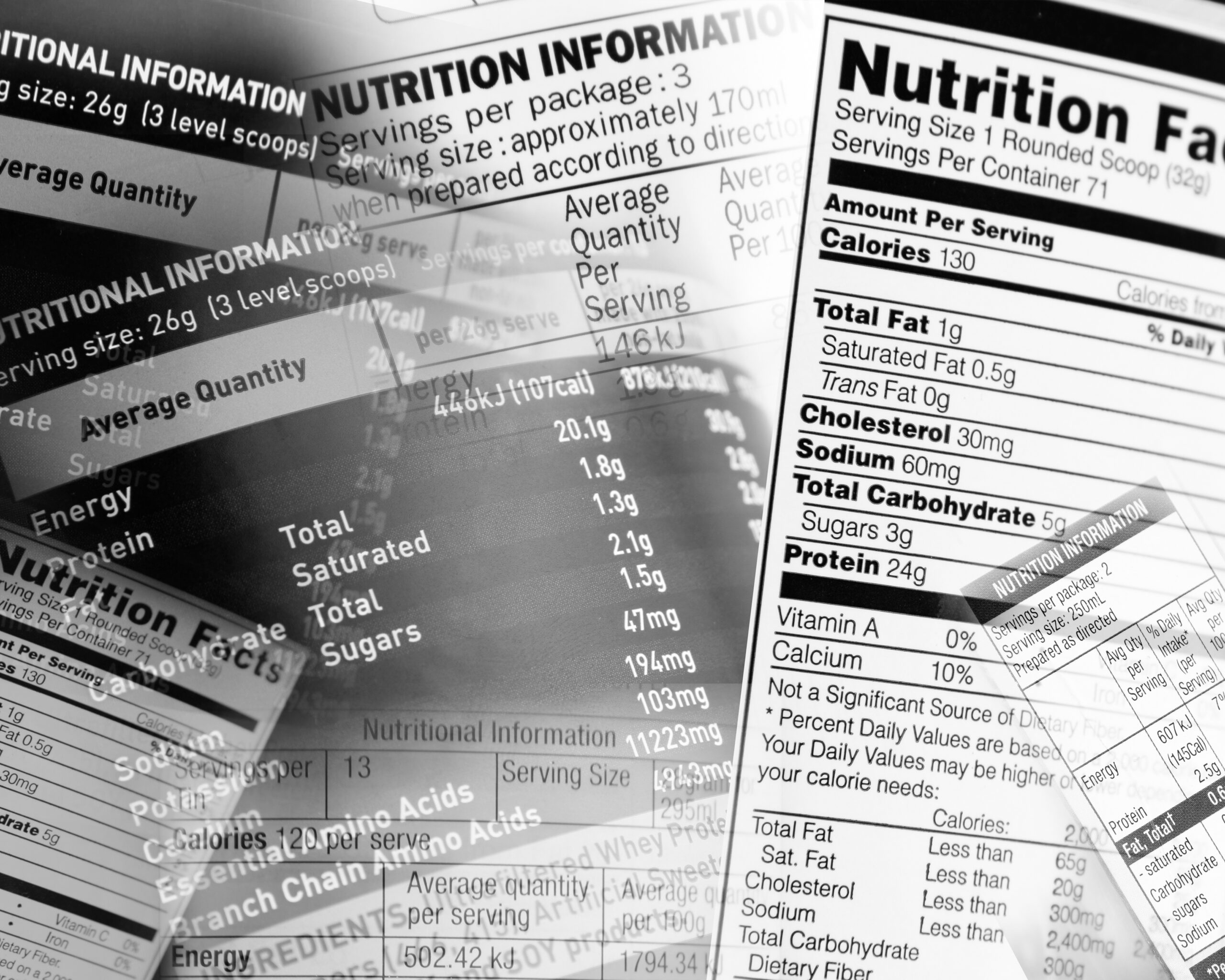Nutrition information facts on assorted food labels