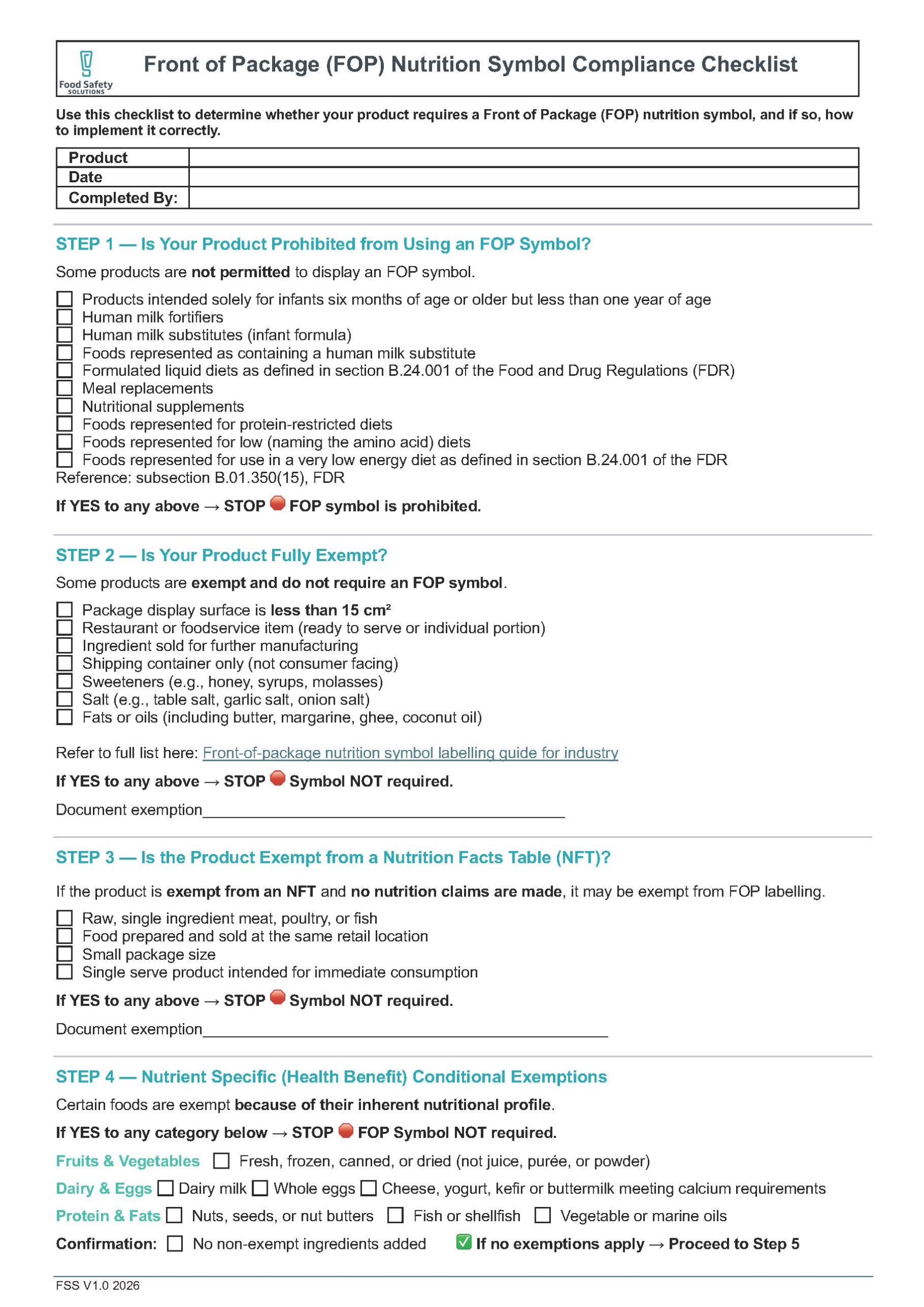 Front of Package (FOP) Nutrition Symbol Compliance Checklist
